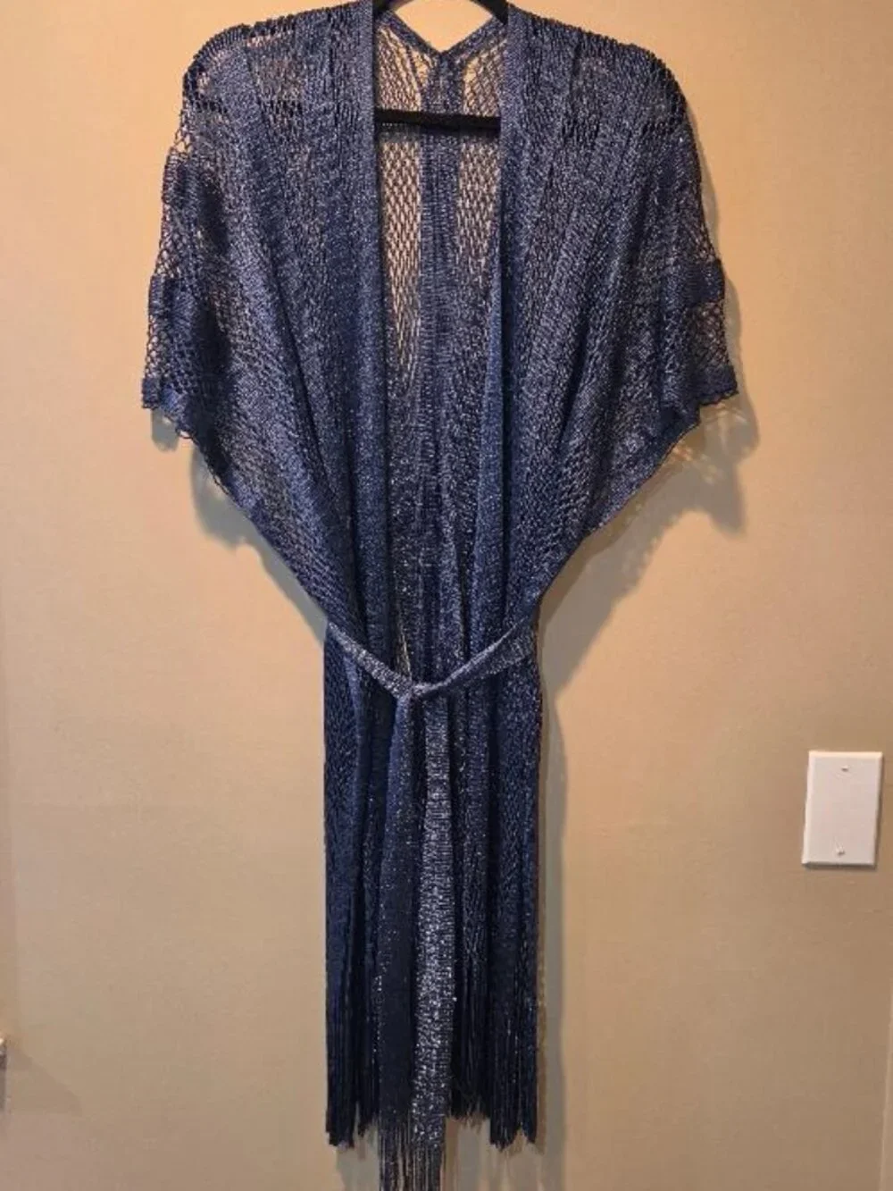Metallic Blue Open Knit Mesh Kimono Cardigan Duster Cover-up